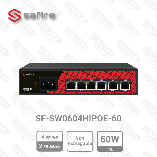 [SF-SW0604HIPOE-60] Safire Switch Hi-PoE 4 ports FastEthernet PoE, 2 Uplink RJ45, Non Manageable