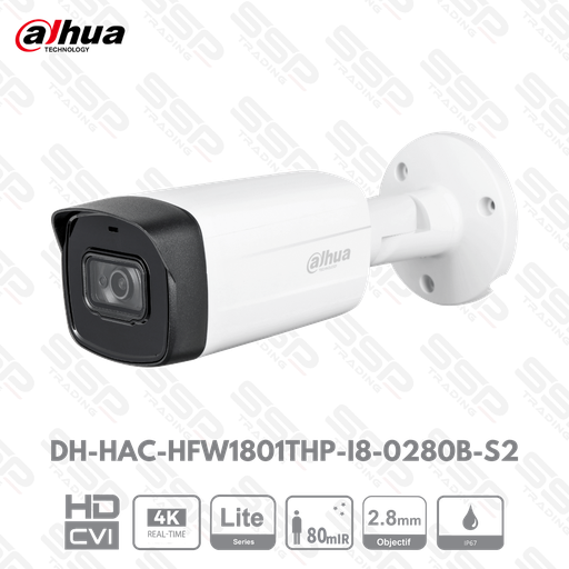 [DH-HAC-HFW1801THP-I8-0280B-S2] Camera HDCVI Bullet, 8MP, Objectif 2.8 mm, IR:80m - Série Lite