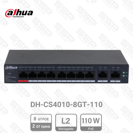 [DH-CS4010-8GT-110] Switch 8 Port Gigabit PoE 110W, 2 Ports Uplink Gigabit RJ-45, Manageable L2