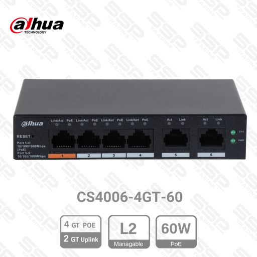 [DH-CS4006-4GT-60] Switch 4 Port Gigabit PoE 60W, 2 × RJ-45 Gigabit (Uplink), Manageable L2