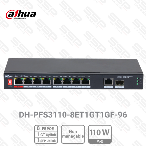 [DH-PFS3110-8ET1GT1GF-96] Switch 8 Port Fast Ethernet, PoE 110W, 1 Port Uplink Gigabit Ethernet, 1 Port SFP, Non Manageable