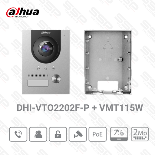 [DHI-VTO2202F-P + VMT115] Platine, 2MP, LCD 3", Bouton mécanique, Angle de Vue 160°, IP PoE, boitier d'encastrement inclus