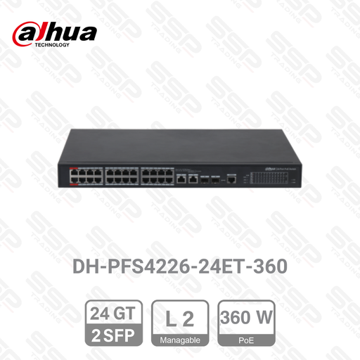 [DH-PFS4226-24ET-360] Switch 24 Port Fast Ethernet PoE 360W, 2 x Gigabit Combo (RJ45/SFP), Manageable L2, Rackable