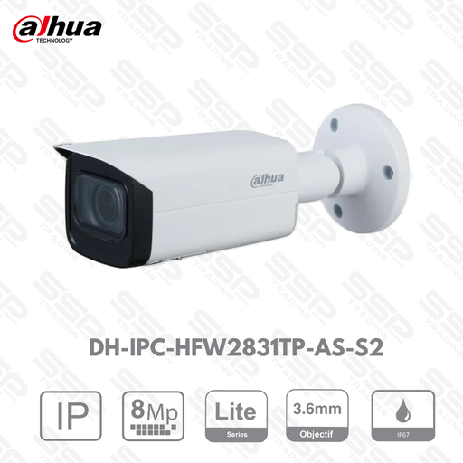 [DH-IPC-HFW2831TP-AS-S2] Camera IP Bullet, 8MP, Objectif 3.6mm, IR:80m, H.265+, Détection d'intrusion, Fil-piège - Série LITE